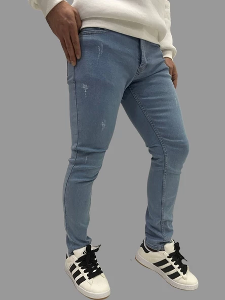 Erkek Dar Paça Desturalı New Buz Mavi Kot Pantolon - 3