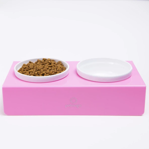 Petmagic Akrilik Pleksi Evcil Hayvan Renkli Seramik Kaseli Kedi ve Köpek Mama Su Kabı-Şeker Pembe - Resim 2