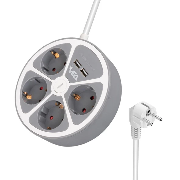 Ayt Vea Ve-G604YU 4 lü Grup Priz 1.5 Metre Uzatma Kablosu Usb li Yuvarlak 3680 Watt 16 Amper Destekli Isınmaz Priz