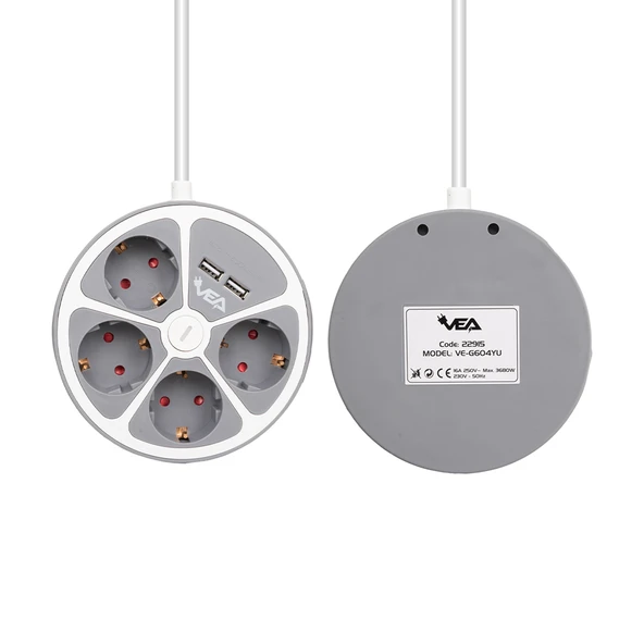 Ayt Vea Ve-G604YU 4 lü Grup Priz 1.5 Metre Uzatma Kablosu Usb li Yuvarlak 3680 Watt 16 Amper Destekli Isınmaz Priz - 3