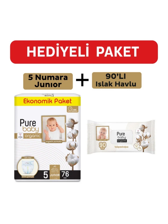 Pure Baby Organik Pamuklu Cırtlı Bez 5 Numara Junior 76 Adet + Organik Pamuklu Islak Havlu 90 Yaprak