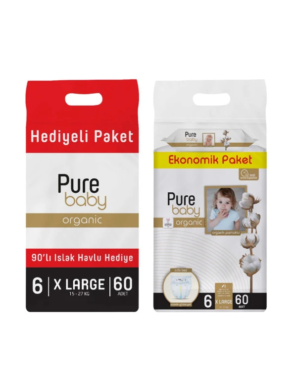 Pure Baby Organik Pamuklu Cırtlı Bez 6 Numara Xlarge 60 Adet + Organik Pamuklu Islak Havlu 90 Yaprak - 2