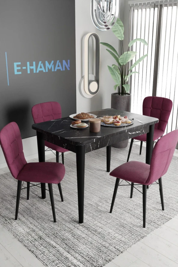 Haman 4 Adet Safir Serisi Jerry Kumaş Siyah Ahşap Ayaklı Sandalye Ve 70X110 Sabit Siyah Masa Takımı