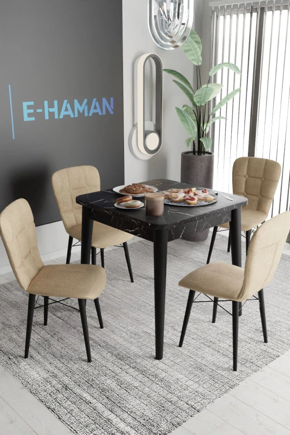 Haman 4 Adet Safir Serisi Jerry Kumaş Siyah Ahşap Ayaklı Sandalye Ve 80X80 Sabit Siyah Masa Takımı - 1