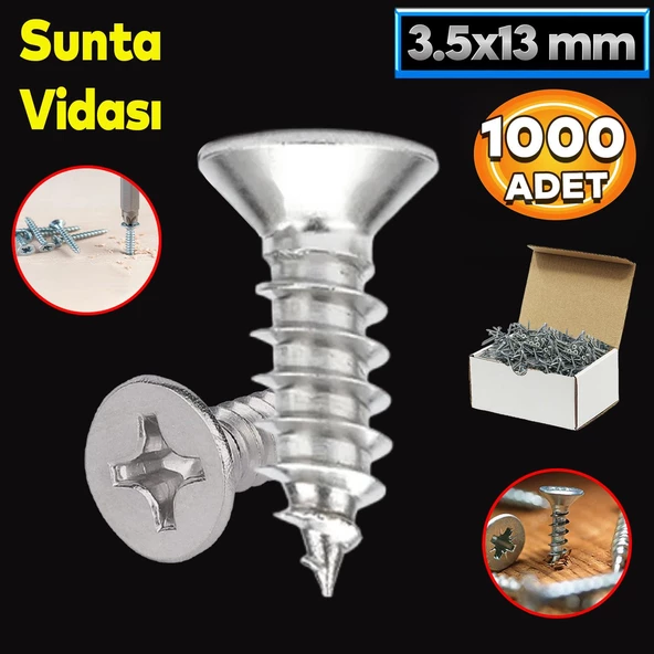 Sunta Vidası 3.5x13 Mm Paket 1000 Adet Sivri Uçlu Ahşap Tahta Ağaç Mobilya Ayak Kulp Vidası