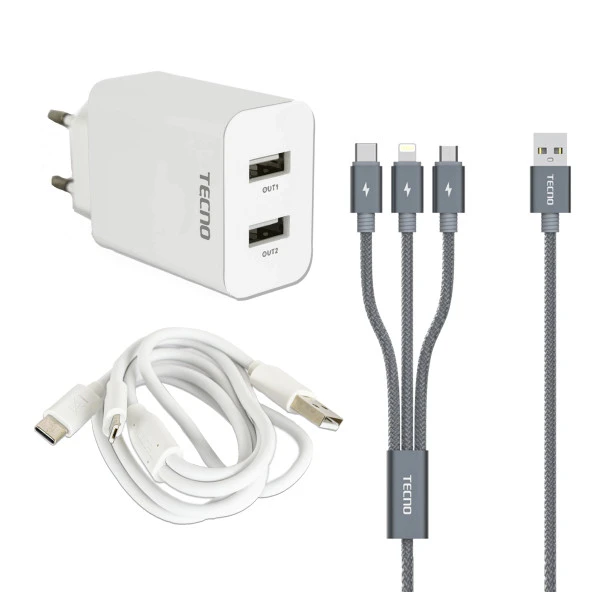 Tecno Pova 5 İle Uyumlu Çift UsbA & Type-C, Lightning, Micro Çıkışlı 5in1 Kablolu Hızlı Şarj Aleti
