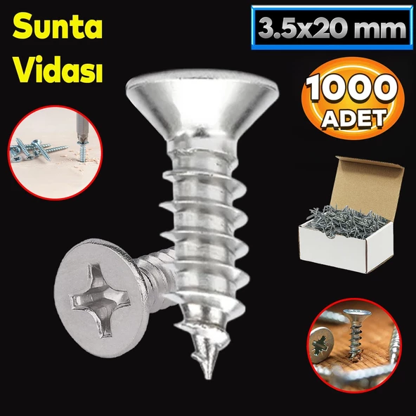 Sunta Vidası 3.5x20 Mm Paket 1000 Adet Sivri Uçlu Ahşap Tahta Ağaç Mobilya Ayak Kulp Vidası