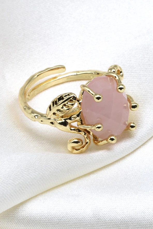 Pembe Kuvars Doğal Taş Gold Renk Yüzük