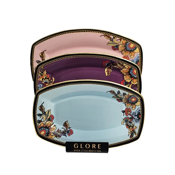 Glore Lorena Asorti Altın Yaldızlı Kayık Tabak Seti (Pembe-Mor-Turkuaz) - Resim 2