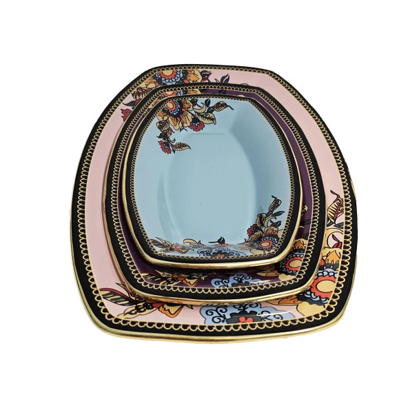 Glore Lorena Asorti Altın Yaldızlı Kayık Tabak Seti (Pembe-Mor-Turkuaz) - Resim 4