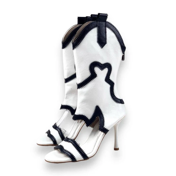 BPM Kadın Okla Beyaz İnce Topuk Yazlık Kovboy Çizme Ayakkabı 10 cm 2001