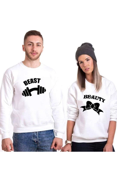 Tshirthane Beast Beauty Dumbell Kurdele  Sevgili Kombinleri Sweatshirt Kombini ürün görseli