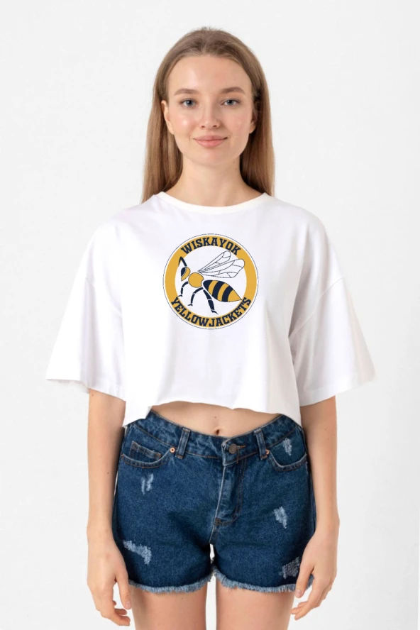 Wiskayok Yellowjackets Logo Beyaz Kadın Crop Tshirt