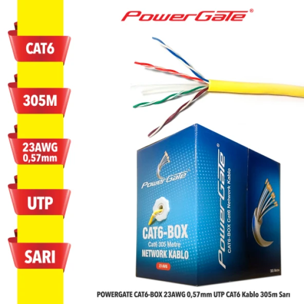 POWERGATE CAT6-BOX-YL, 23AWG, 0,57mm, UTP, CAT6 Kablo, 305m, Sari