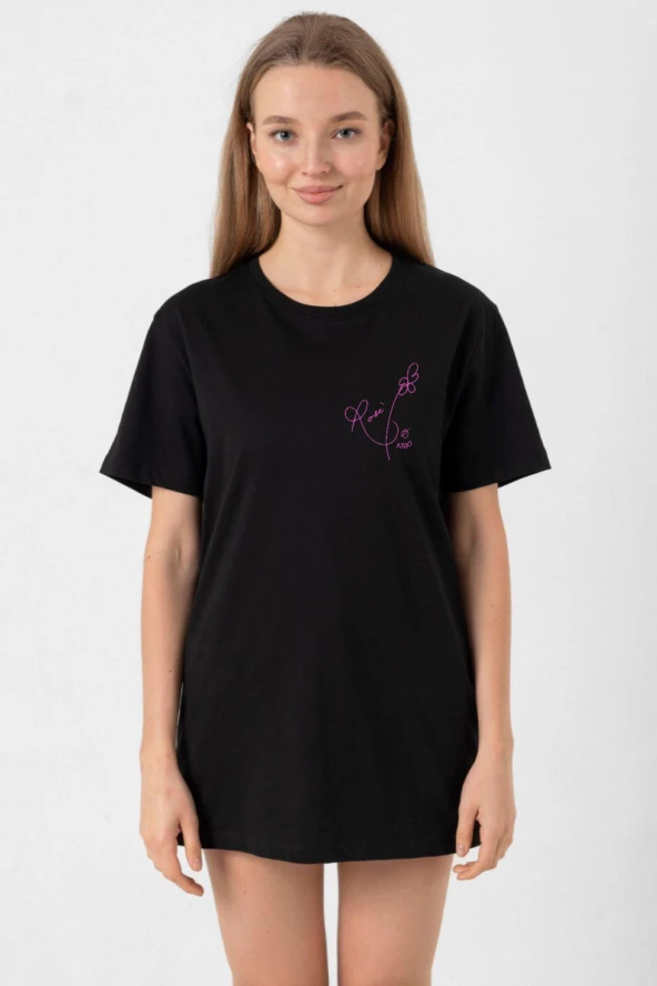 Blackpink Rose Signature Siyah Kadın Oversize Tshirt