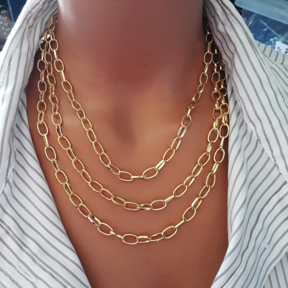 Altın Kaplama Bakla Zincir 3 Sıra Kadın Kolye