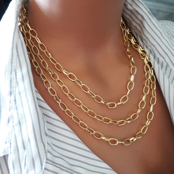 Altın Kaplama Bakla Zincir 3 Sıra Kadın Kolye - 2