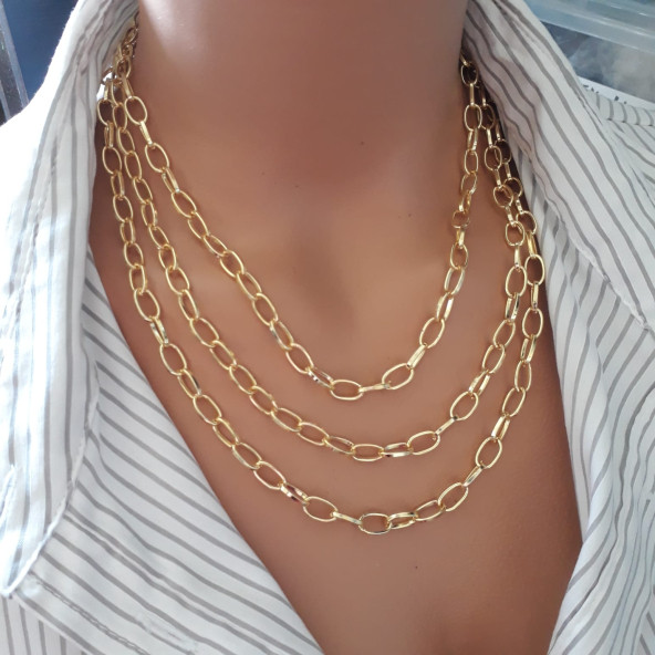 Altın Kaplama Bakla Zincir 3 Sıra Kadın Kolye - 3