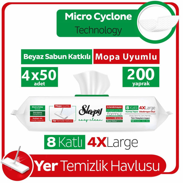 Sleepy Easy Clean Beyaz Sabun Katkılı Mopa Uyumlu Yer Temizlik Havlusu 4x50 (200 Yaprak)