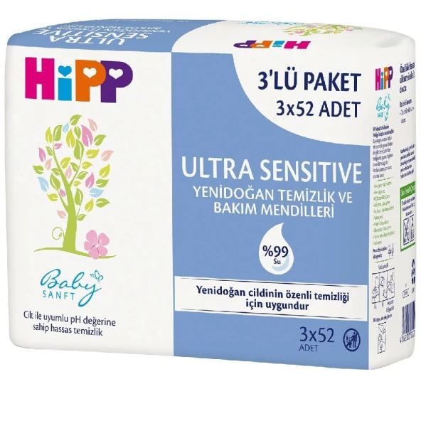 Hipp Ultra Sensitive Yenidoğan Temizlik ve Bakım Mendili 3lü 156 Yaprak