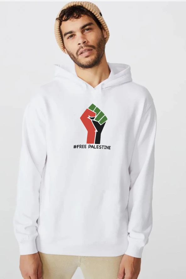Hand Free Palestine Beyaz Erkek 3ip Kapşonlu  Sweatshirt
