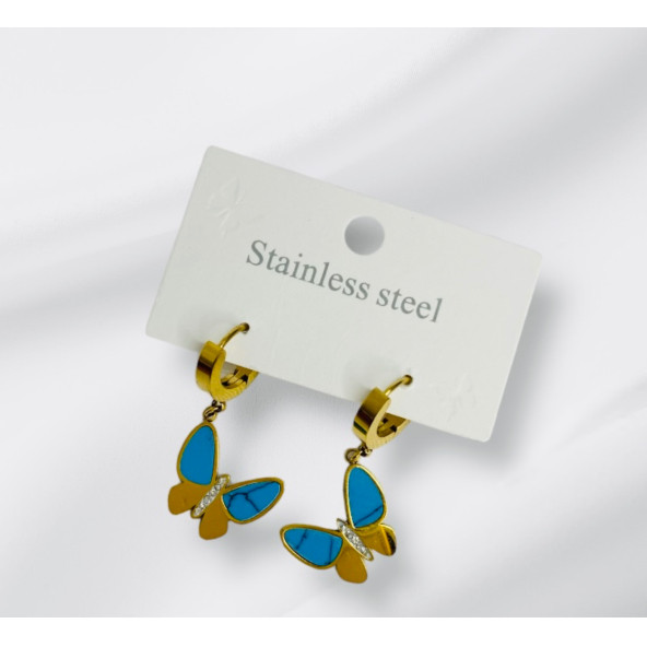 Kelebek Model Turkuaz Ve Gold Renkli Çelik Küpe - 2