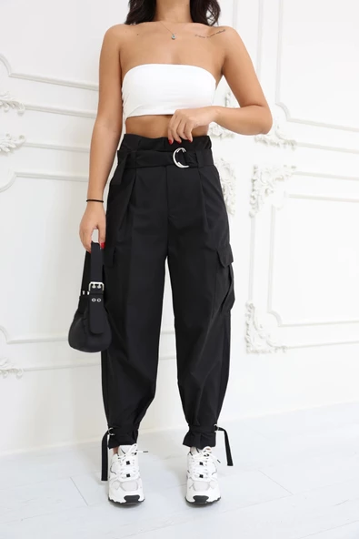 Beli ve Paçası Nikel Tokalı Siyah Kargo Pantolon - 4