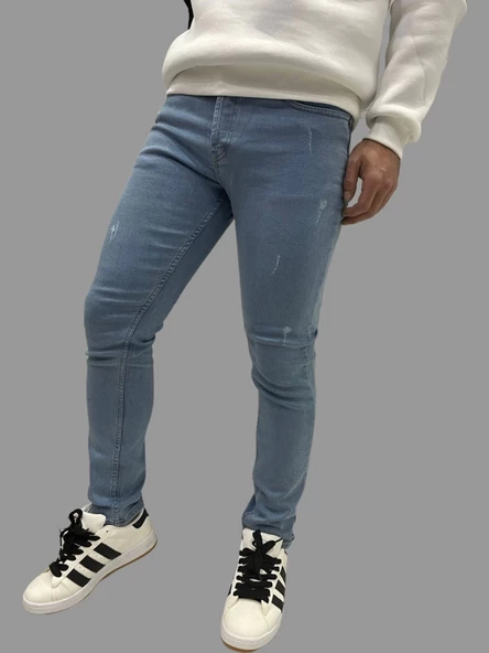 Erkek Dar Paça Desturalı New Sky Buz Mavi Kot Pantolon - Resim 4