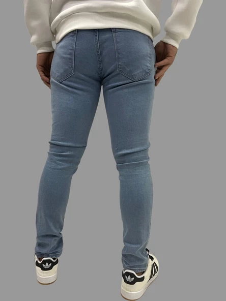 Erkek Dar Paça Desturalı New Sky Buz Mavi Kot Pantolon - Resim 7