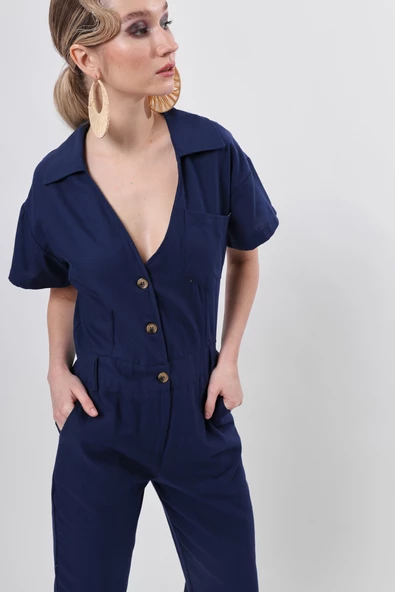 Düğmeli Fit Lacivert Tulum - 5