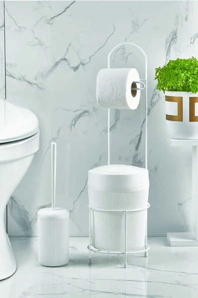 Metal Standlı Yuvarlak Kovalı & Kağıtlıklı & Fırçalıklı Beyaz Banyo Takımı - 2