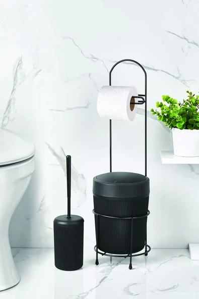 Metal Standlı Yuvarlak Kovalı & Kağıtlıklı & Fırçalıklı Siyah Banyo Takımı - 2