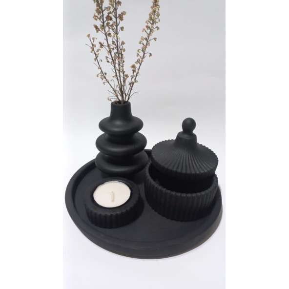 VİDA VAZO TABAKLI MUMLUK SET SİYAH