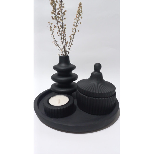 VİDA VAZO TABAKLI MUMLUK SET SİYAH - 2
