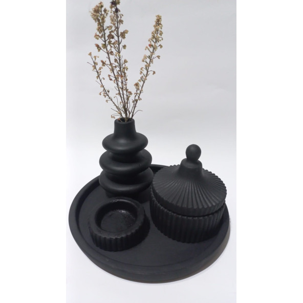 VİDA VAZO TABAKLI MUMLUK SET SİYAH - 3