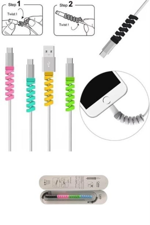 BUFFER® 4lü Apple, Android Şaj Kablosu Koruyucu Silikon Spiral Yay Aparat - 7