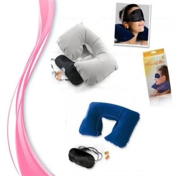 BUFFER® Üçlü Seyahat Seti Şişme Yastık Göz Bandı Kulak Tıkacı - 10