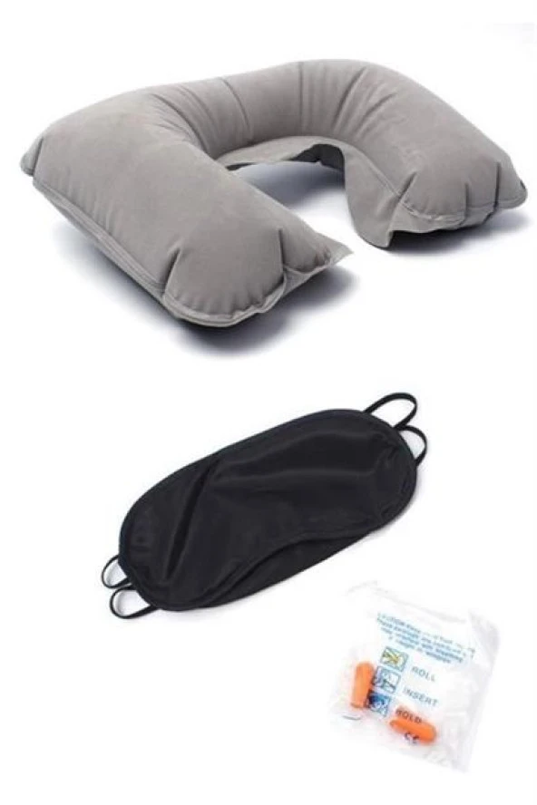 BUFFER® Üçlü Seyahat Seti Şişme Yastık Göz Bandı Kulak Tıkacı - 11