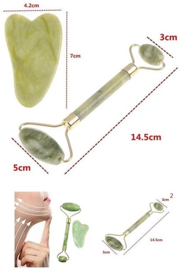 BUFFER® Çift Taraflı 2li Cilt Yüz Masaj Aleti Jade Roller Yeşim Taşı Seti - 6