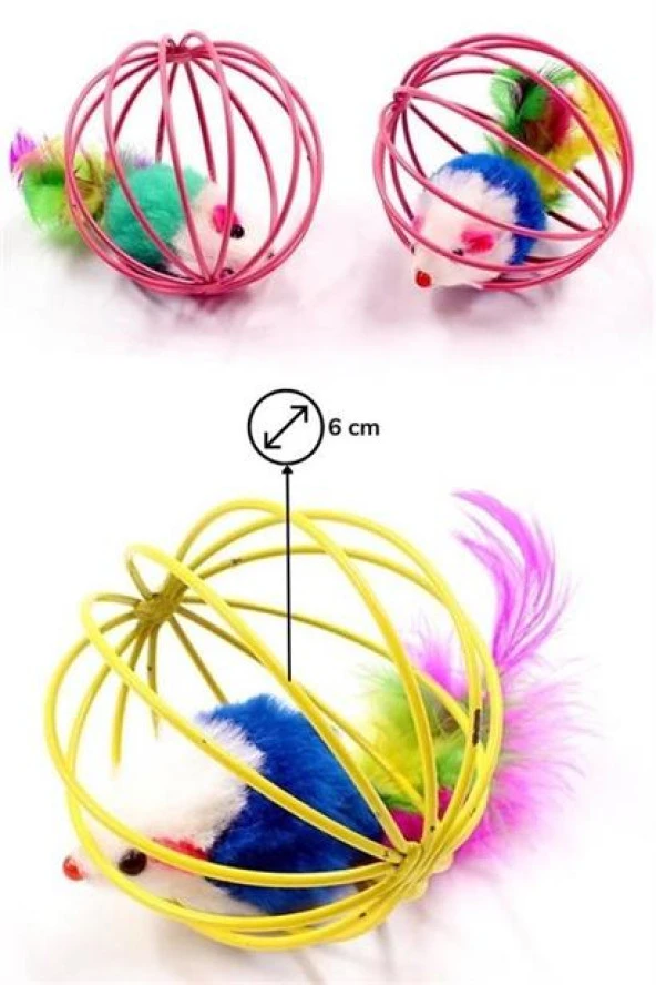 BUFFER® Renkli Metal Kafesli Peluş Fareli Kedi Köpek Oyuncağı Oyun Topu 6 cm - 11