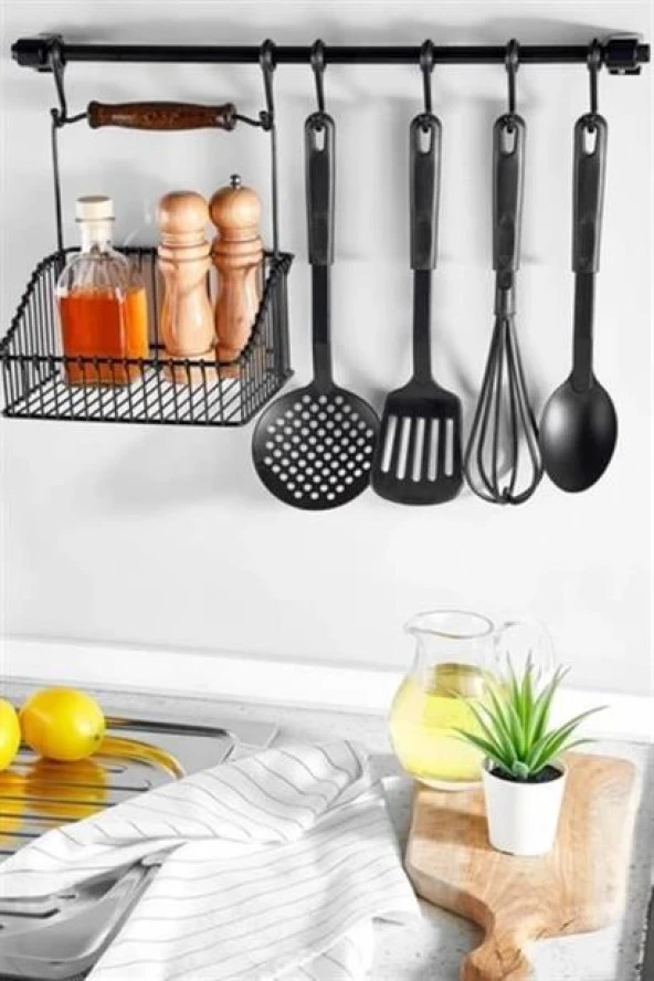 BUFFER® Retro Ferforje Askılı Siyah Ahşap Kulplu Düzenleyici Mutfak Sepeti - 8