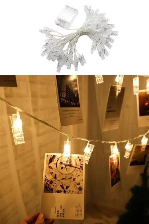 BUFFER® 3 Metre 20li Led Işıklı Dekoratif Fotoğraf Askılığı Mandalları - 12