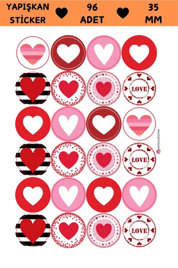 Karışık Kalp Sticker - Love Sticker - Hediye Paketi Sticker - Ambalaj Sticker - Renkli Kalp Sticker