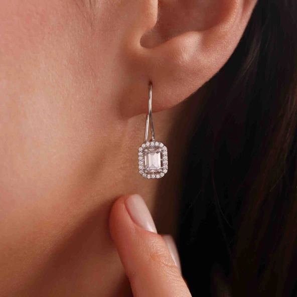 14 Ayar Beyaz Altın Sallantılı Baget Küpe - 2