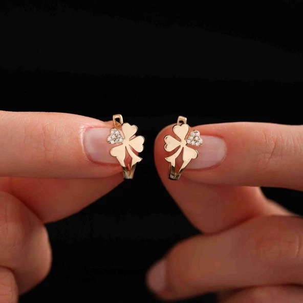 Altın Kalpli Yonca Küpe Taşlı