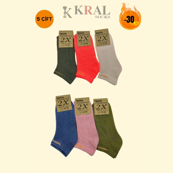 Termal Özellikli 2x Korumalı (5 ÇİFT) Asorti Renkli Kadın Kışlık Havlu Patik Çorap - 3