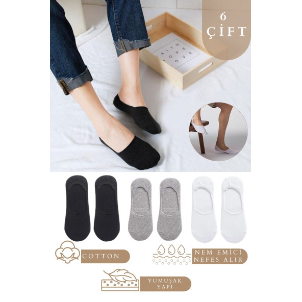 Kadın - Erkek Düz Desen (6 ÇİFT) Pamuklu Terletmez Babet Çorap