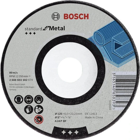 Bosch - 125*6,0 mm Standard Seri Bombeli Metal Taşlama Diski (Taş)