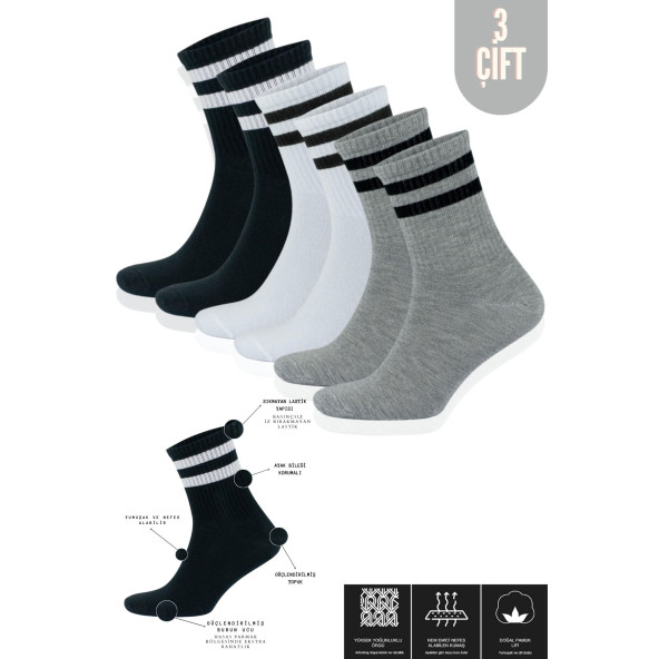 Erkek - Kadın (3 ÇİFT) Çizgili Kolej Tenis Çorabı Pamuklu Terletmez Çorap