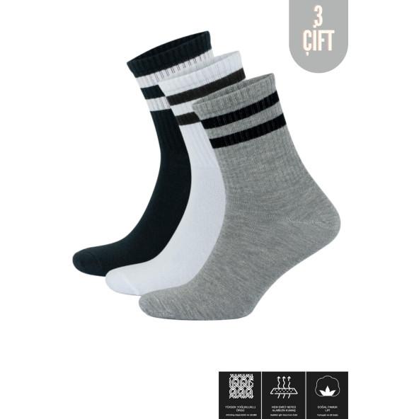 Erkek - Kadın (3 ÇİFT) Çizgili Kolej Tenis Çorabı Pamuklu Terletmez Çorap - 2